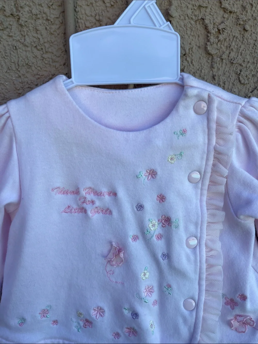 Vintage Soft Pink Baby Two-Piece Butterfly Floral Sz 0/3M Embroidery